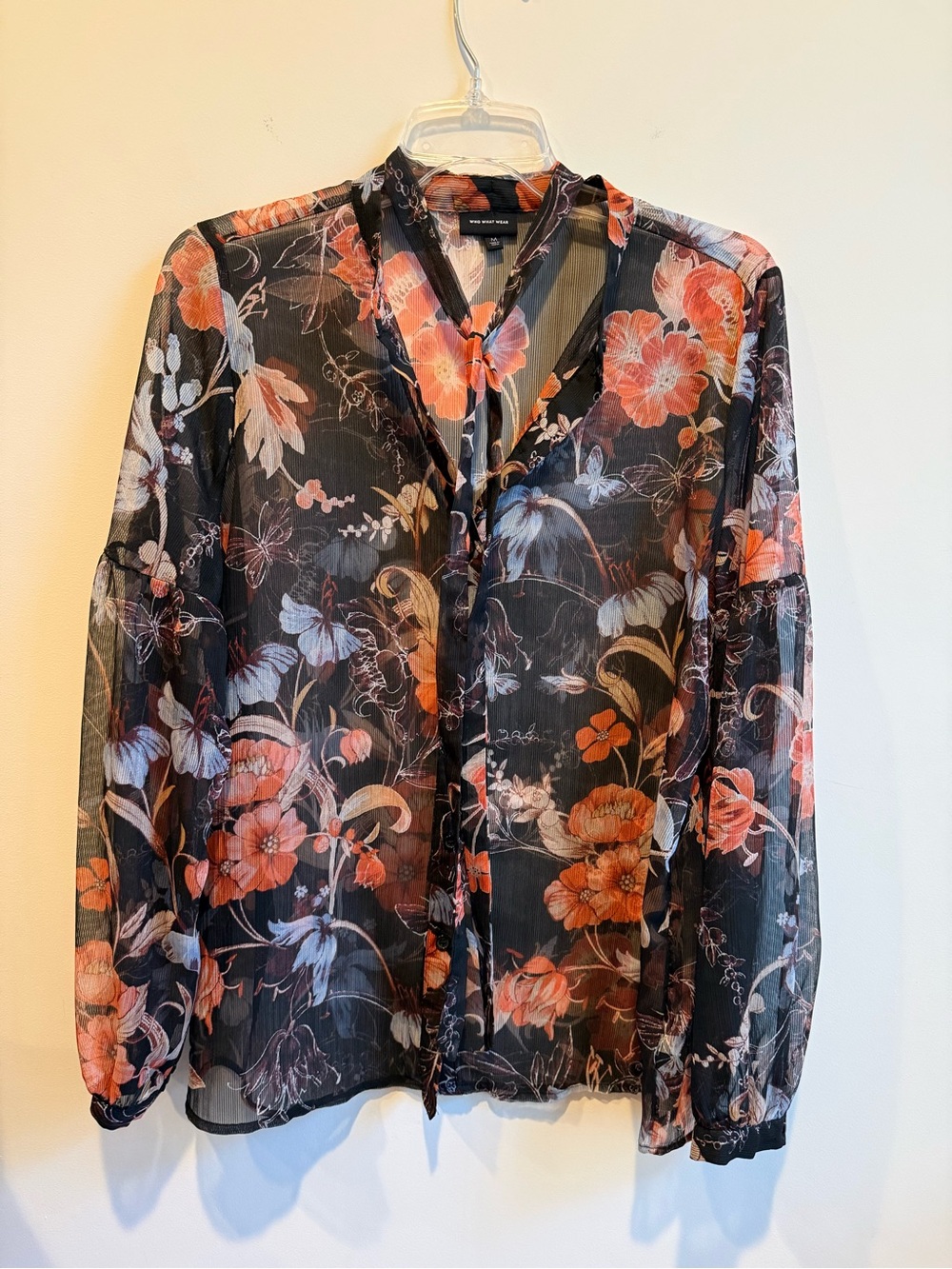 Sheer Black Floral Tie-Neck Blouse